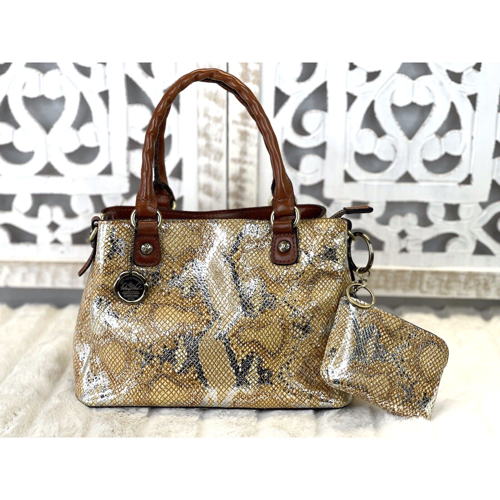 PATRICIA NASH Norcia Metallic Snakeskin Embossed Leather Satchel Bag w Zip Pouch
